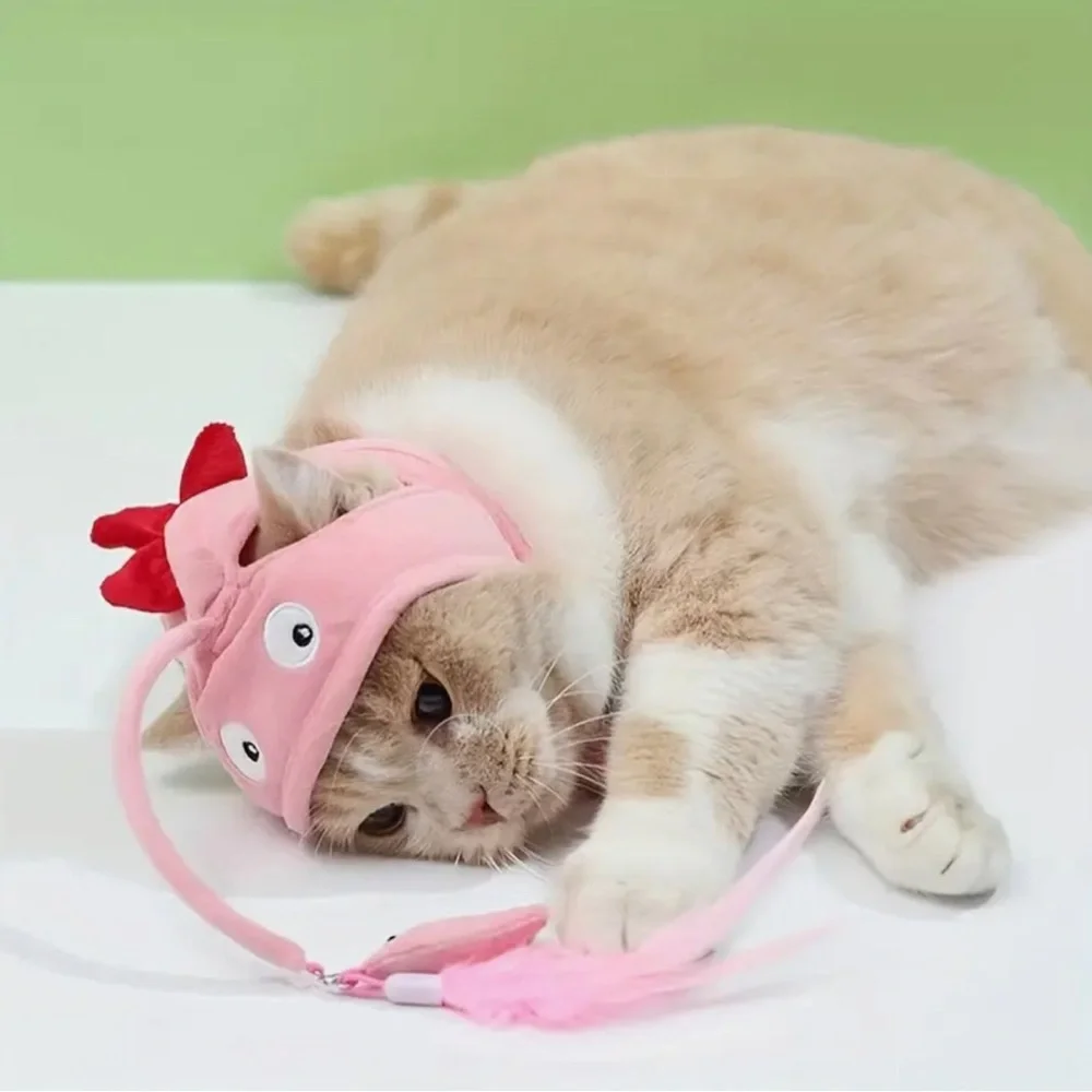 Pink Cat Hat with Dangle Fish Interactive Cat Headgear Hat, Small Pet